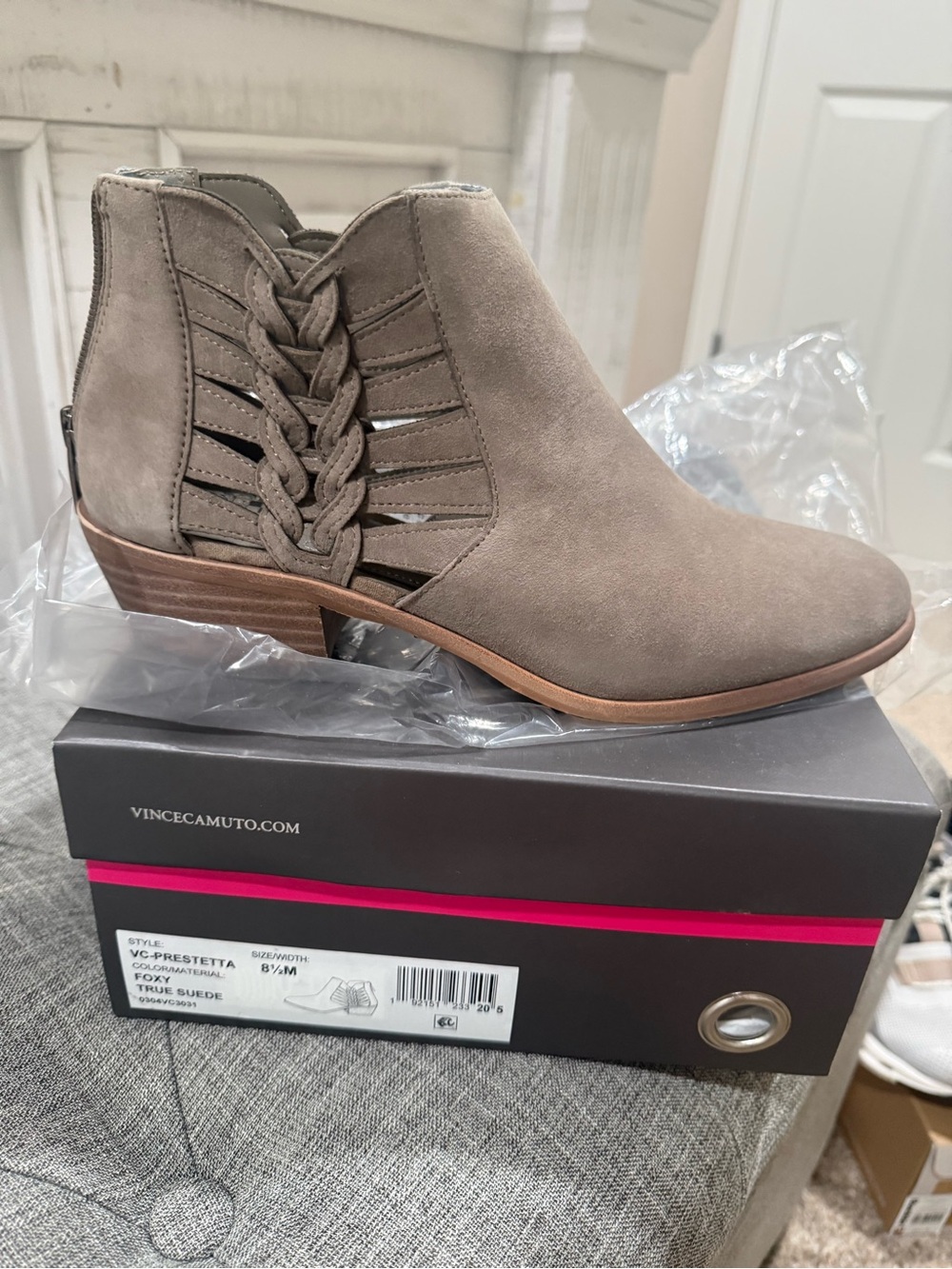 Vince Camuto Taupe Suede Braided Cutout Ankle Bootie